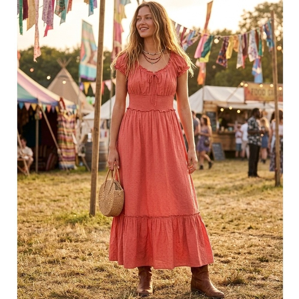 Old Navy Maxi Dress Womens Large Coral Smocked Waist‎ Tiered Clip Dot 815917-01